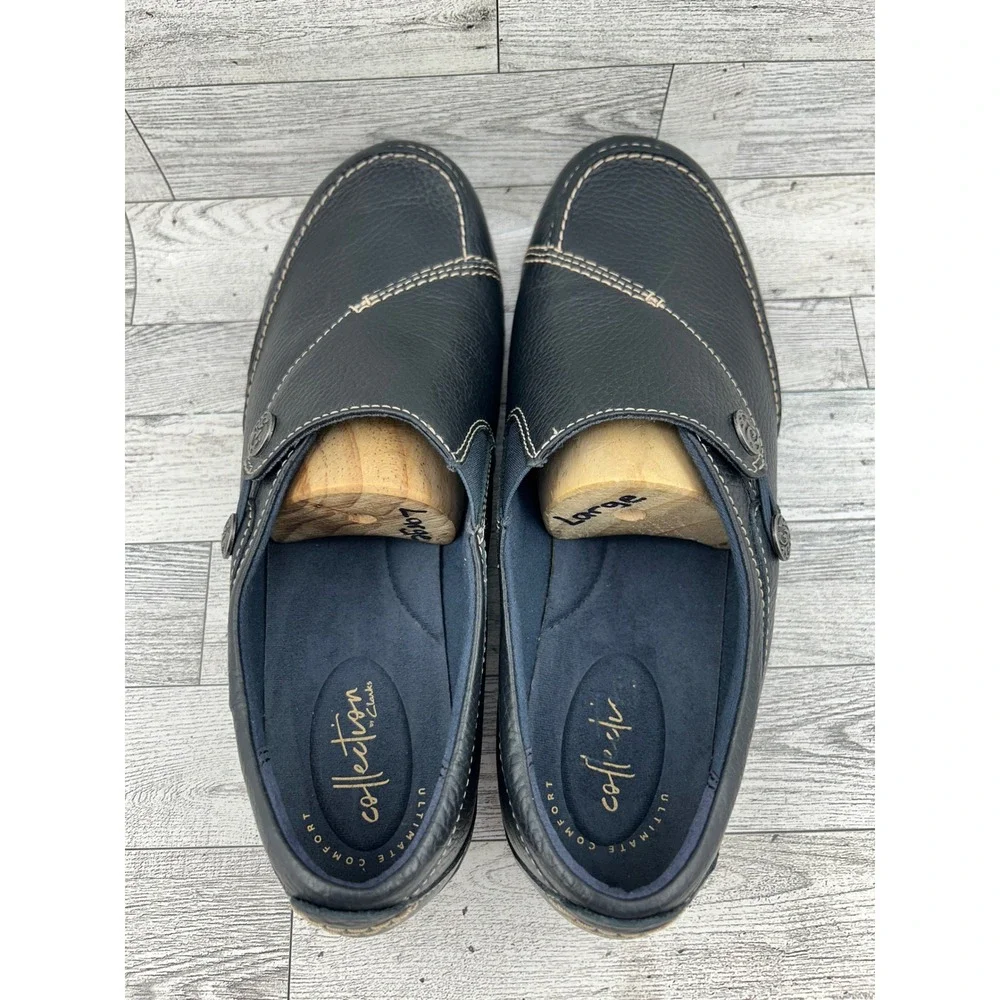 Clarks Collection Navy Leather Slip On Loafers Women 10W Ultimate Comfort Button